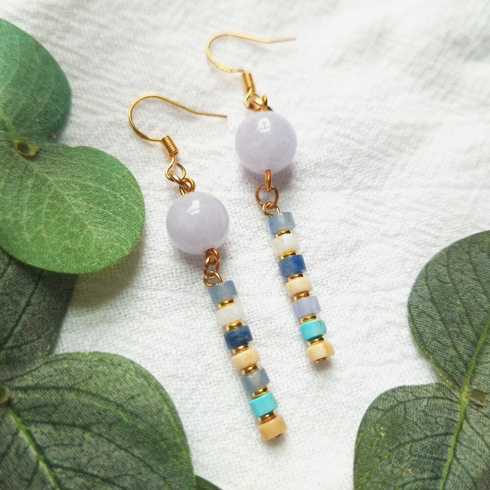 Coastal Aquamarine Turquoise Earrings – Boho Gold Dangles, Beachy Handmade - Picture 4 of 7